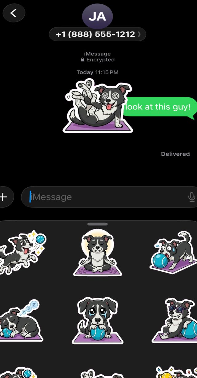 A Messages conversation with a sticker sent, and the sticker tray open below it.